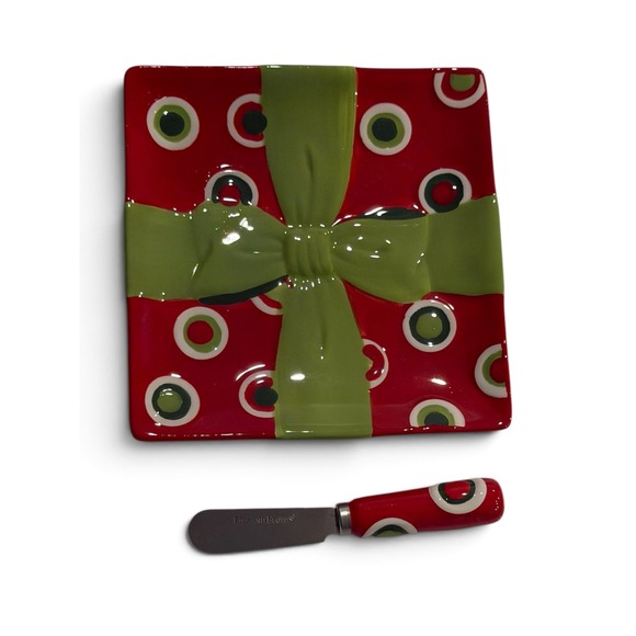 Fitz and Floyd Other - Fitz and Floyd Holiday Cheer Square Plate, Spreader Red Green Gift Bow Christmas